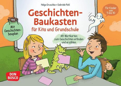 "Geschichten-Baukasten für Kita und Grundschule" mit Illustrationen von Kindern, einem Geist und einem kleinen Drachen.