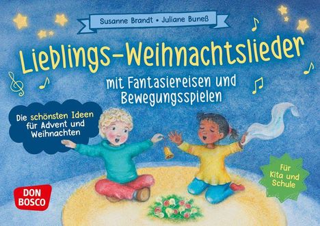 "Lieb­lings-Weih­nachts­lieder", fantasievolle Abenteuer, Bewegungsspiele. Zwei Kinder singen, eines mit Glöckchen. 