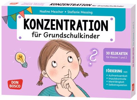 "KONZENTRATION für Grundschulkinder" steht zentral. Illustrationen: Kind denkt, Glühbirne und Fragezeichen sind daneben.