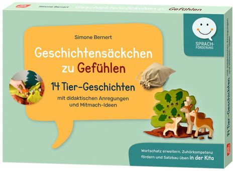 Geschichtensäckchen zu Gefühlen. 14 Tier-Geschichten. Illustration: Tiere und ein Baum aus Holz.
