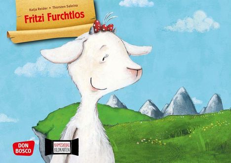 "Katja Reider, Thorsten Saleina, Fritzi Furchtlos." Illustration: Lächelnde Ziege mit roter Schleife vor Berglandschaft.