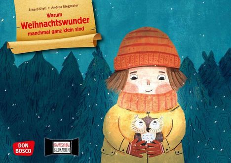 Warum Weihnachtswunder manchmal ganz klein sind. Ein Kind in Winterkleidung hält eine Eule, umgeben von Schneeflocken.