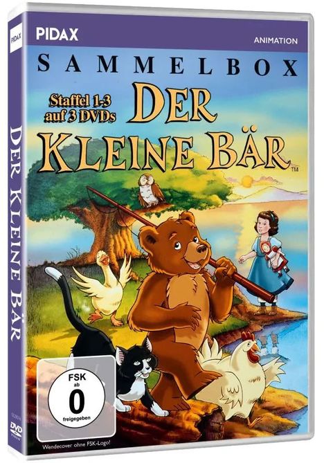 "Sammelbox Staffel 1-3 auf 3 DVDs Der Kleine Bär. Illustration: Ein Bär angelt, umgeben von Tieren und einem Mädchen."