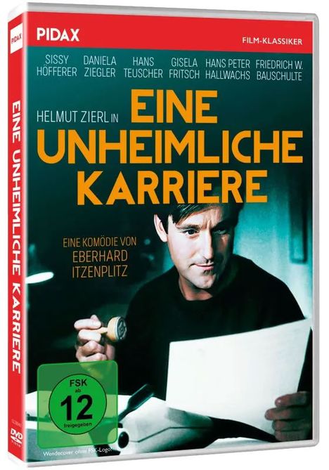 „Eine unheimliche Karriere“, ein Mann mit Stempel, verschiedene Namen und FSK 12 auf einem DVD-Cover.