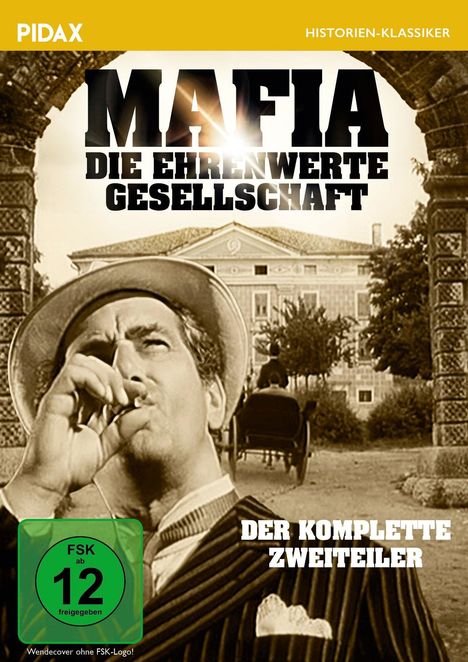 "Mafia Die Ehrenwerte Gesellschaft, Der Komplette Zweiteiler." Mann im Anzug mit Hut raucht vor historischem Gebäude.