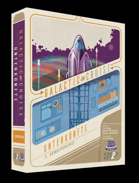 "Galactic Cruise: Unterkünfte" und "2. Erweiterung" stehen auf einer Verpackung. Ein stilisiertes Raumschiff ist abgebildet.