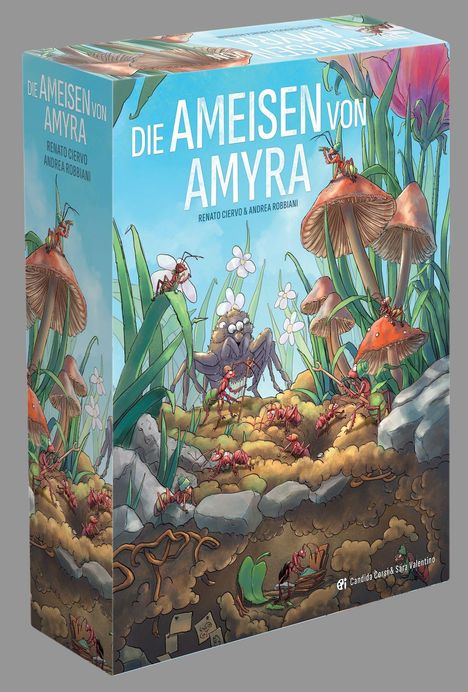 „DIE AMEISEN VON AMYRA“ von Renato Ciervo & Andrea Robbiani. Illustration mit Ameisen, Pilzen und Spinne im Gras.