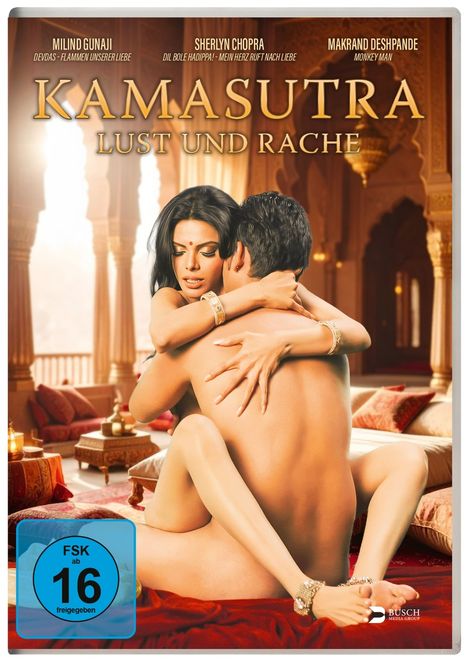 „KAMASUTRA: LUST UND RACHE“ über einem Paar, das sich in einem prächtigen, orientalischen Raum umarmt.