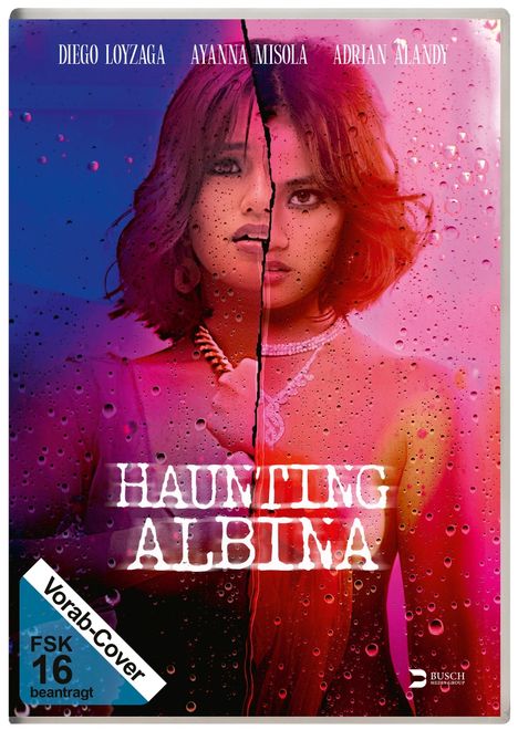 "HAUNTING ALBINA" in großer weißer Schrift auf einem gespaltenen Porträt einer Frau mit regennasser Oberfläche.