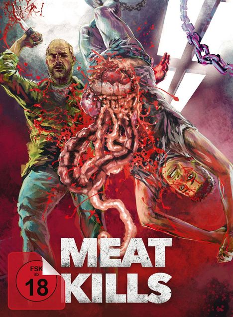 "MEAT KILLS", FSK ab 18. Illustration: Ein Mann mit Messer, blutige Szene, Körper kopfüber, Innereien und Ketten.