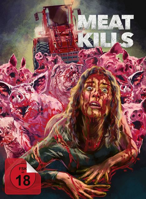 "MEAT KILLS" in großen, weißlichen Buchstaben. Eine blutverschmierte Frau vor Schweinen und einem Traktor. Illustration.