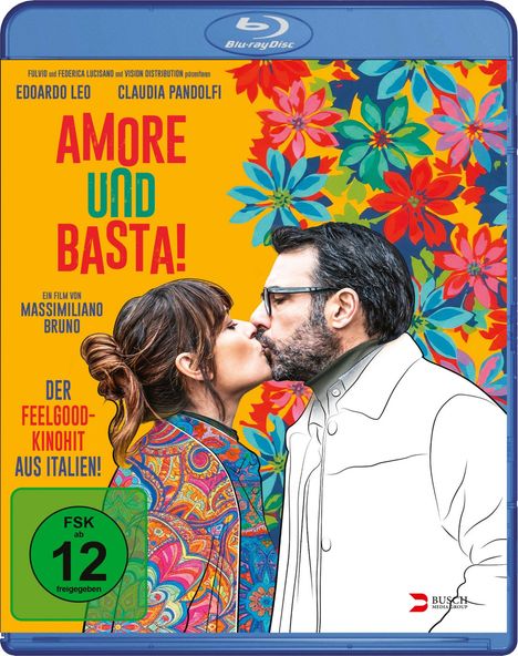 "Amore und Basta!" Zwei Personen küssen sich vor einem bunten Blumenhintergrund. FSK ab 12 freigegeben.