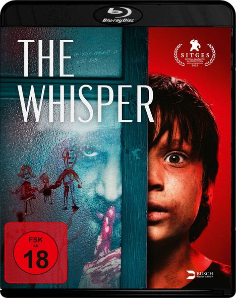 "The Whisper" steht groß auf der linken Seite. Ein Kindergesicht zeigt Furcht, daneben steht "Vorab-Cover".