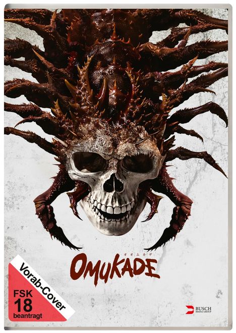 Text: "Vorab-Cover", "FSK 18 beantragt", "OMUKADE". Illustration: Ein Totenkopf verschmilzt mit einem monströsen Insekt.