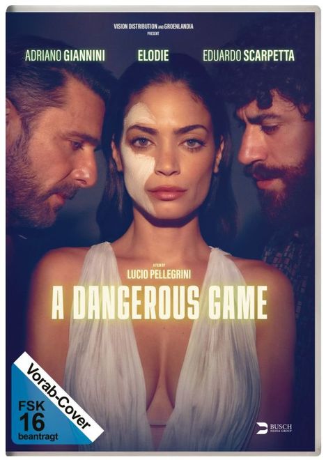 "A Dangerous Game" in großen Buchstaben; Menschen schauen ernst; eine Frau vorne mit Verband im Gesicht, zwei Männer seitlich.