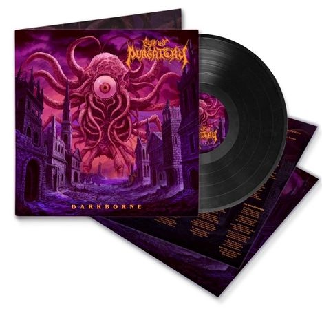 "Darkborne" und "Eye of Purgatory" in einer fantasievollen Illustration mit einem riesigen, augenähnlichen Monster in einer Stadt.