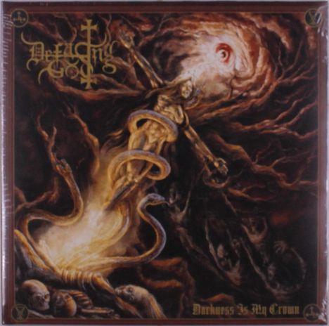 „Defeating Gods“ und „Darkness is My Crown“ sind zu sehen. In der Mitte eine Figur mit Schlangen und Totenköpfen.