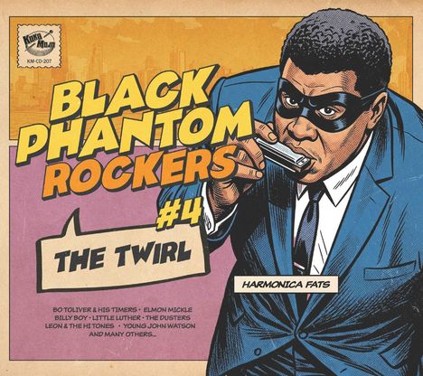"Black Phantom Rockers #4: The Twirl. Harmonica Fats." Illustration: Mann im Anzug mit Augenmaske spielt Mundharmonika.
