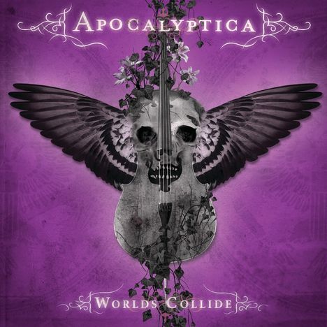 "Apocalyptica", "Worlds Collide"; Illustration: Eine Geige mit Totenkopf und Flügeln auf violettem Hintergrund.