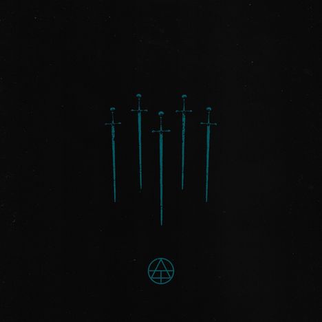 Fünf stilisierte Schwerter, darunter ein einfaches geometrisches Symbol auf schwarzem Hintergrund.