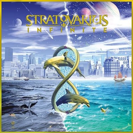 Text: "Stratovarius Infinite". Illustration: Eine futuristische Stadt links, ein Ozean rechts, verbunden durch ein Unendlichkeitssymbol mit Delfinen.