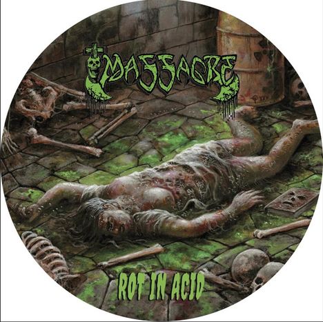 "ROT IN ACID" steht in grüner Schrift. Illustration: Eine verweste Leiche liegt auf einem Boden mit Skeletten und Fässern.
