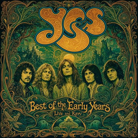 „Best of the Early Years, Live and Raw“ in dekorativem Schriftzug, darunter fünf Männer, umgeben von fantasievollen Mustern.