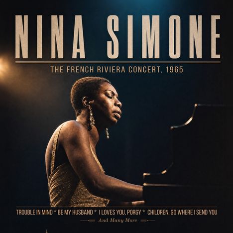 "NINA SIMONE. THE FRENCH RIVIERA CONCERT, 1965. Trouble in Mind, Be My Husband, I Loves You, Porgy, Children, Go Where I Send You." Eine Frau, elegant gekleidet, spielt Klavier.