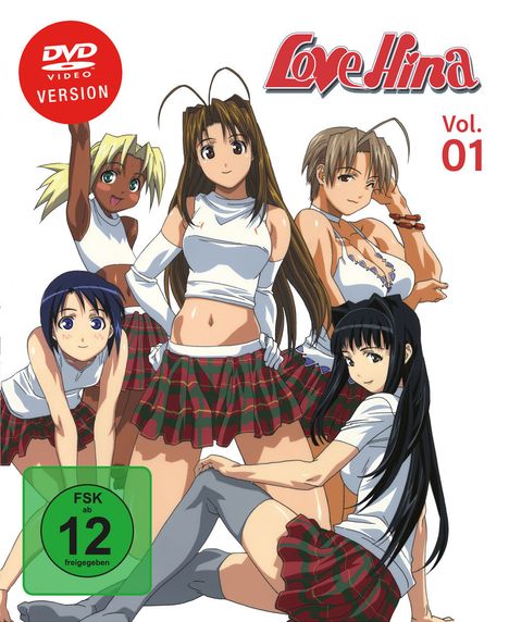 „Love Hina Vol. 01“. Rotes „DVD Video Version“ Logo. Illustration von fünf Mädchen in Schuluniform. FSK 12 Hinweis.