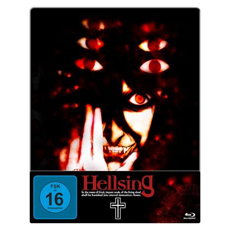 **Text:** "FSK ab 16 freigegeben", "Hellsing", "In the name of God... Amen."

**Beschreibung:** Rotes, bedrohliches Gesicht mit vielen Augen.