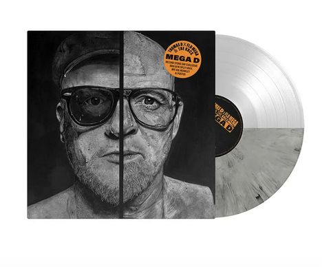 Aufklebertext: "Thomas D x Flo Mega, The Grey", darunter ein Porträt eines bärtigen Mannes mit Brille.