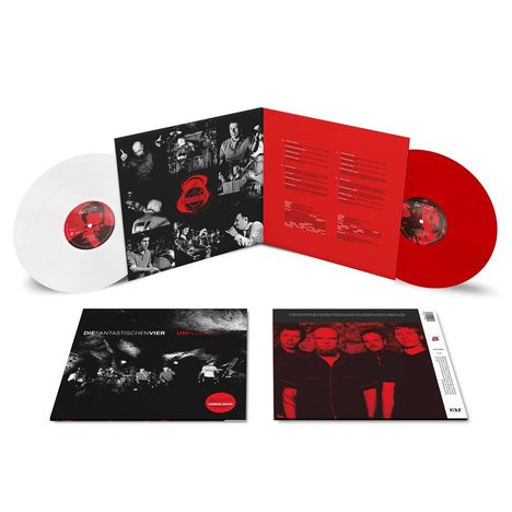 "UNPLUGGED", "CAMERA CLUB EDITION", "DIEFANTASTISCHENVIER." Zwei Vinyl-Schallplatten, eine rot und eine weiß.