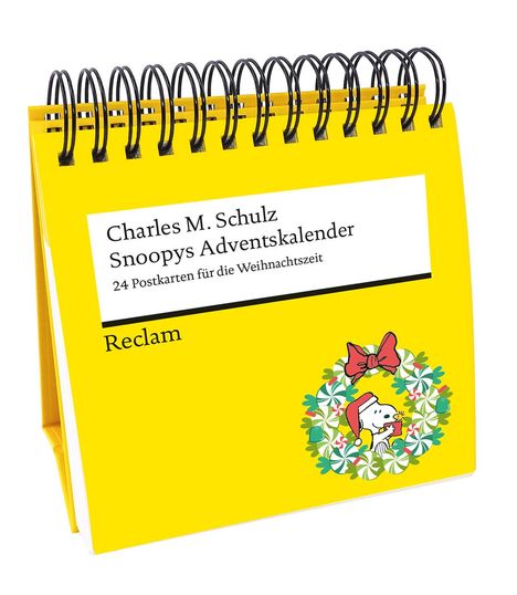 "Charles M. Schulz Snoopys Adventskalender 24 Postkarten für die Weihnachtszeit. Reclam." Gelber, spiralgebundener Kalender mit Snoopy.