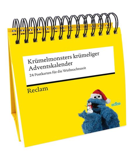 „Krümelmonsters krümeliger Adventskalender“, „24 Postkarten für die Weihnachtszeit“, „Reclam“. Das blaue Monster hält einen Schneemann, trägt eine Nikolausmütze, Hintergrund gelb.