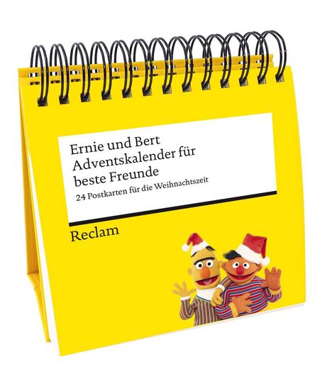 „Ernie und Bert Adventskalender für beste Freunde. 24 Postkarten für die Weihnachtszeit.“ Ernie und Bert mit Weihnachtsmützen.