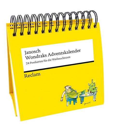"Janosch Wondraks Adventskalender, 24 Postkarten für die Weihnachtszeit. Reclam." Illustration: Figur sitzt vor kleinem Weihnachtsbaum.