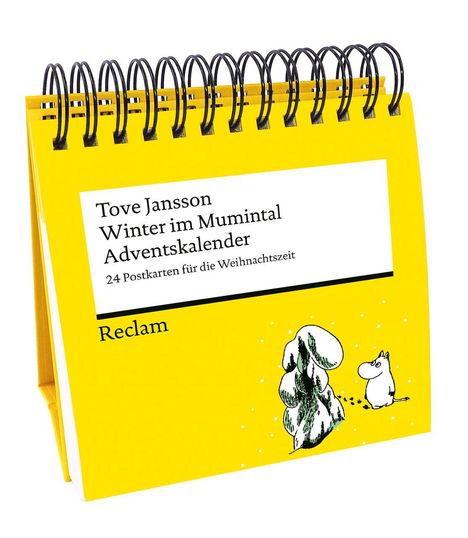 "Tove Jansson Winter im Mumintal Adventskalender. 24 Postkarten für die Weihnachtszeit." Gelber Kalender mit Spirale.