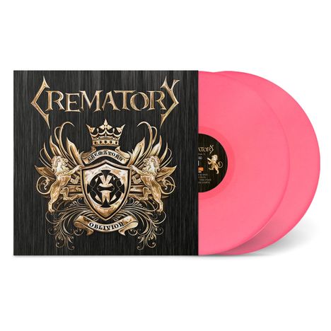 "Crematory" und "Oblivion" zieren ein verziertes Wappen. Zwei rosafarbene Vinyl-Schallplatten sind zu sehen.