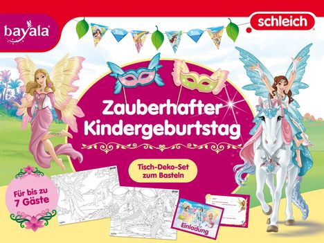 "Zauberhafter Kindergeburtstag", "Tisch-Deko-Set zum Basteln", "Für bis zu 7 Gäste". Feen und Einhorn in bunter Landschaft.
