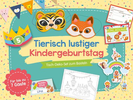 Tierisch lustiger Kindergeburtstag. Tisch-Deko-Set zum Basteln. Für bis zu 7 Gäste. Bunte Party-Motive und Tiermasken.