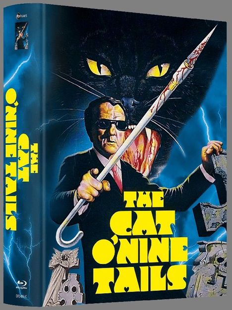 Text: "THE CAT O'NINE TAILS". Illustration: Mann mit Stock und schwarzem Panther im Hintergrund.