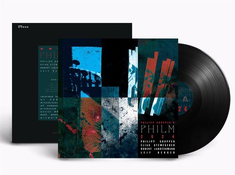Text: "PHILM 2024, Philipp Gropper." Schwarze Vinyl-Schallplatte mit abstraktem, farbigem Cover.