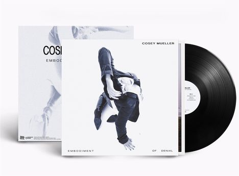"Cosey Mueller: Embodiment of Denial," schwarze Vinylplatte, dynamische Pose einer Person in dunkler Kleidung.