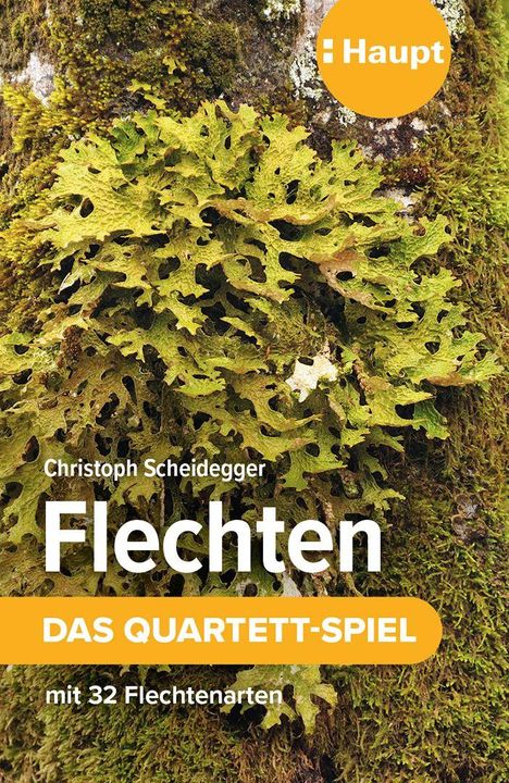 Text: Christoph Scheidegger, Flechten, DAS QUARTETT-SPIEL, mit 32 Flechtenarten. Hintergrund: Nahaufnahme einer Flechte.