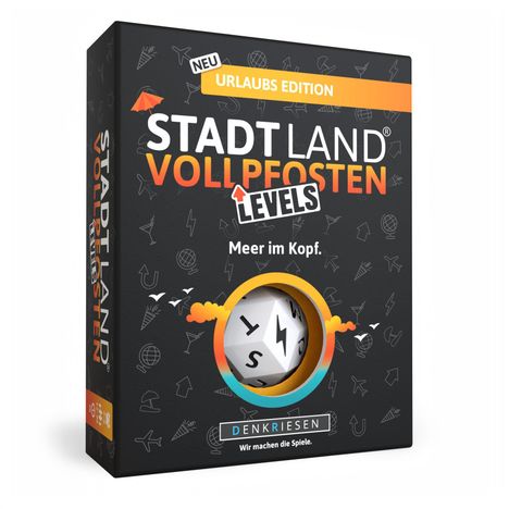 "NEU URLAUBS EDITION, STADT LAND VOLLPFOSTEN LEVELS, Meer im Kopf. Denkriesen Logo und Würfelabbildung."