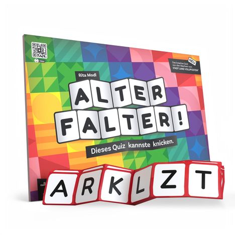 Text: „ALTER FALTER! Dieses Quiz kannste knicken.“ Bunte Verpackung mit Würfeln, die Buchstaben „ARKLZT“ zeigen.