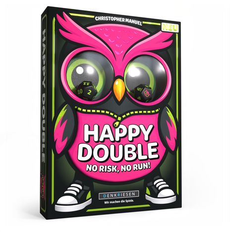 „Happy Double - No Risk, No Run!“ Ein pinker, cartoonhafter Vogel mit großen Augen, die Spielwürfel enthalten.