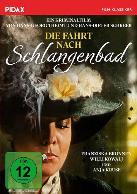 "Die Fahrt nach Schlangenbad" steht in großen Buchstaben, darunter eine Frau mit Hut und Blume, die eine Zigarette raucht.