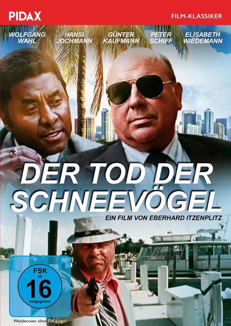 "Der Tod der Schneevögel" oben, darunter Szenen von Männern in Anzügen und einem Mann, der eine Waffe hält, vor Palmen.