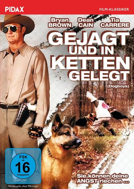 "Pidax Film-Klassiker. 'GEJAGT UND IN KETTEN GELEGT'. FSK 16. Polizeiuniform mit Sonnenbrille, Hund, Verfolgung im Hintergrund."